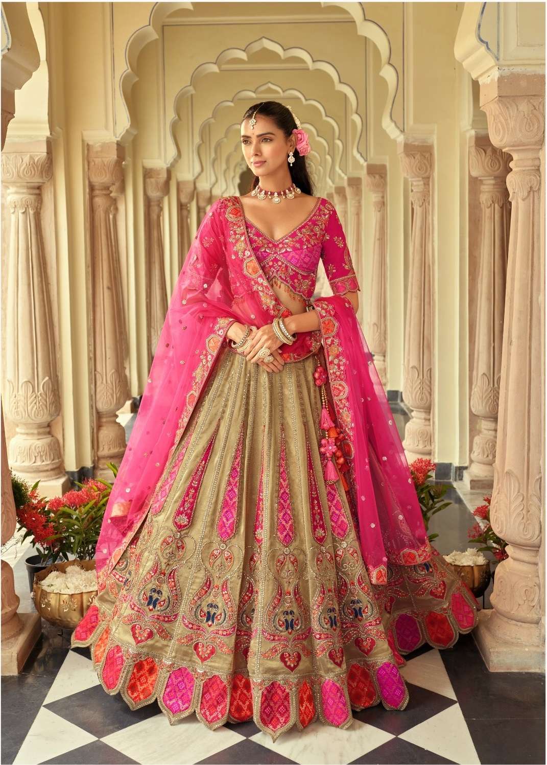 DESIGNER WEDDING BRIDAL WEAR INDIAN HEAVY SILK CHIKU LEHENGA CHOLI WITH NET DUPATTA SM TATHASTU 36
