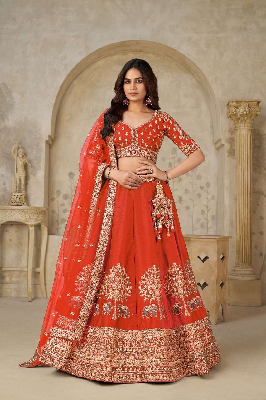 DESIGNER WEDDING BRIDAL WEAR INDIAN HEAVY SILK ORANGE LEHENGA CHOLI WITH NET DUPATTA SM PC RAASHI A5