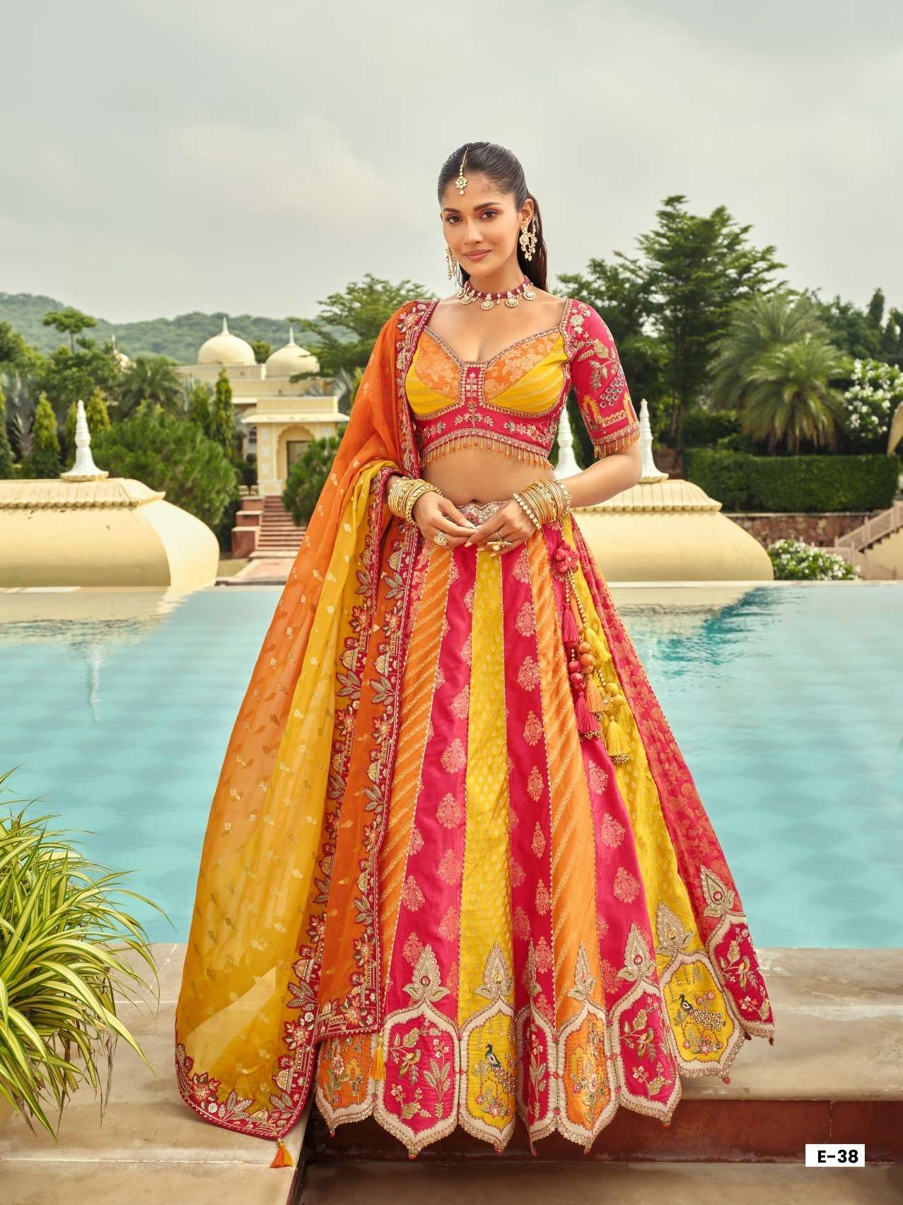 DESIGNER WEDDING BRIDAL WEAR INDIAN HEAVY SILK RED YELLOW LEHENGA CHOLI WITH NET DUPATTA SM TATHASTU 38