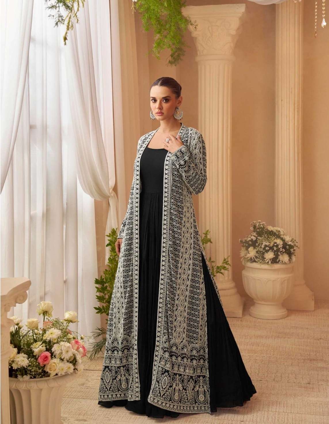 DESIGNER WEDDING PARTY WEAR CHINON SILK BLACK KOTI ANARKALI SALWAR SUIT SY KASHMIRA 10138