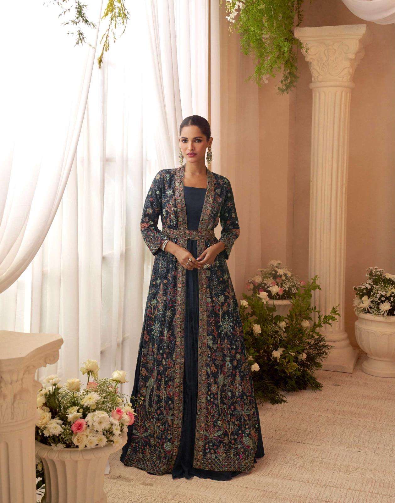 DESIGNER WEDDING PARTY WEAR CHINON SILK BLUE KOTI ANARKALI SALWAR SUIT SY KASHMIRA 10137