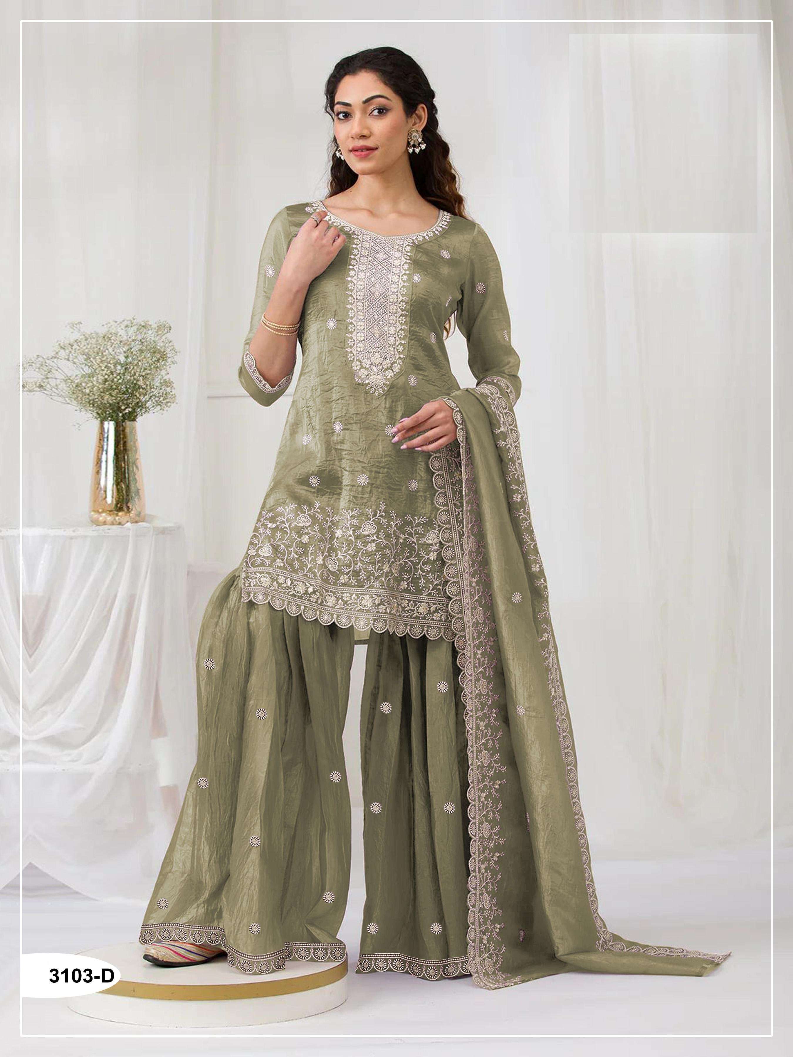 DESIGNER WEDDING PARTY WEAR FANCY GOLD CRUSH GREEN SHARARA PALLAZO SALWAR SUIT JG 3103 D