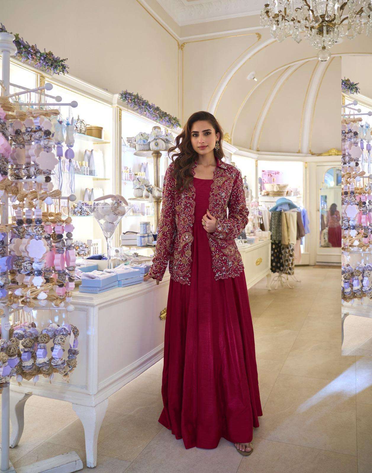 DESIGNER WEDDING PARTY WEAR PREMIUM REAL SILK MAROON JACKET GOWN SUIT SY BELINA 10091