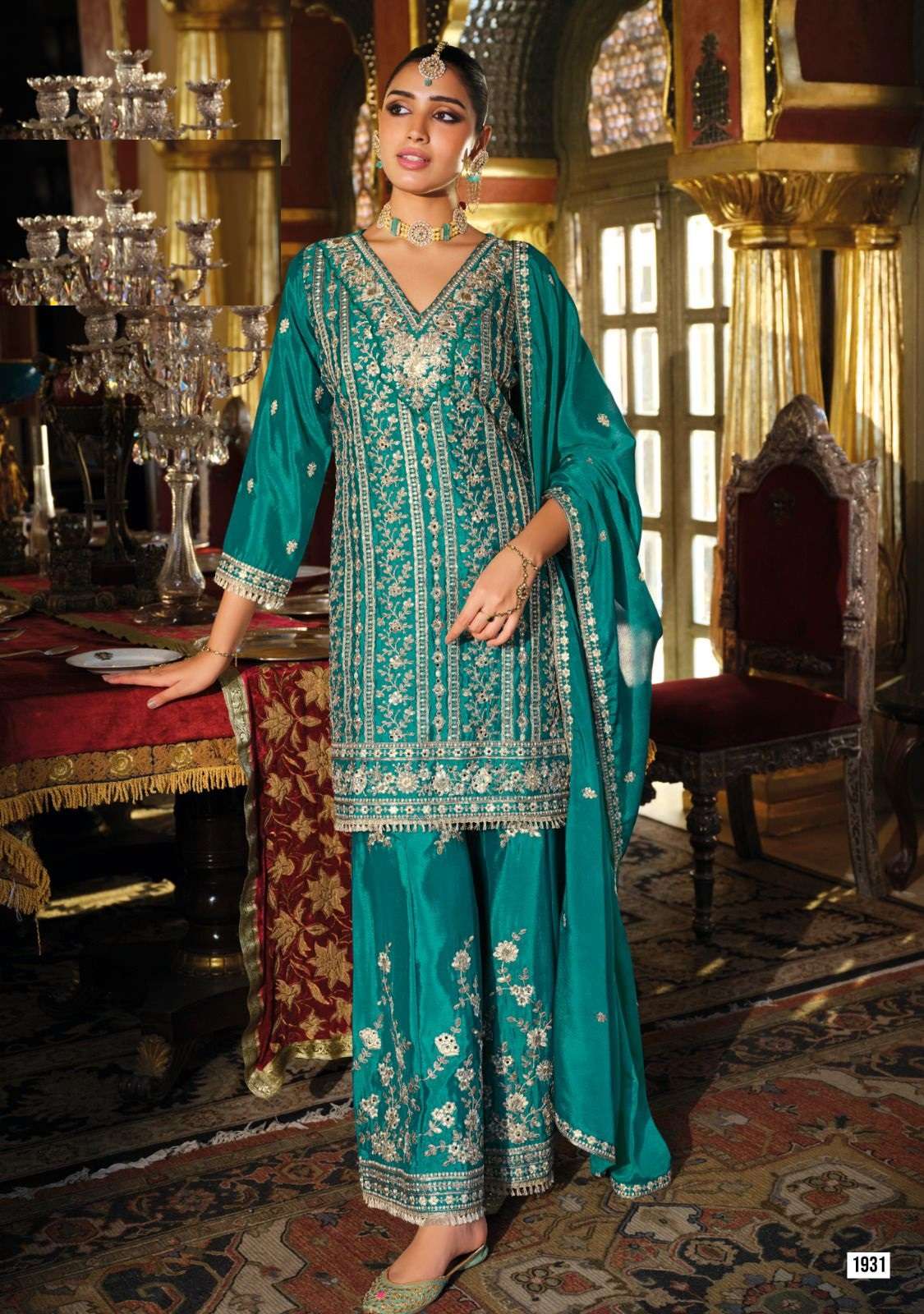 DESIGNER WEDDING PARTY WEAR REAL CHINON BLUE SHARARA PALLAZO SALWAR SUIT RH EBA NAYAB GOLD 1931