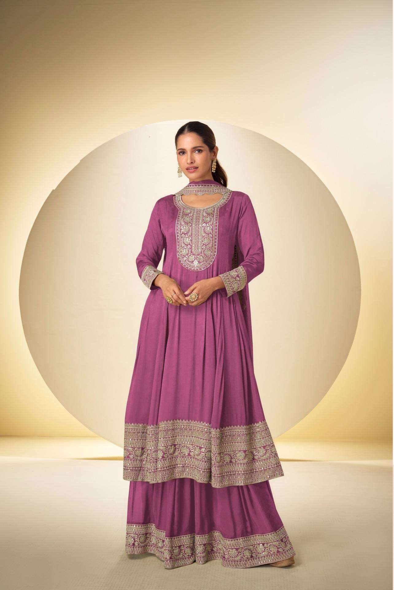DESIGNER WEDDING PARTY WEAR REAL CHINON DEEP PINK SHARARA PALLAZO SALWAR SUIT GL NARGIS 7569 D