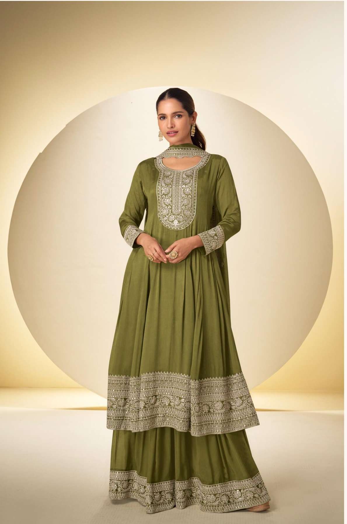 DESIGNER WEDDING PARTY WEAR REAL CHINON GREEN SHARARA PALLAZO SALWAR SUIT GL NARGIS 7569 A
