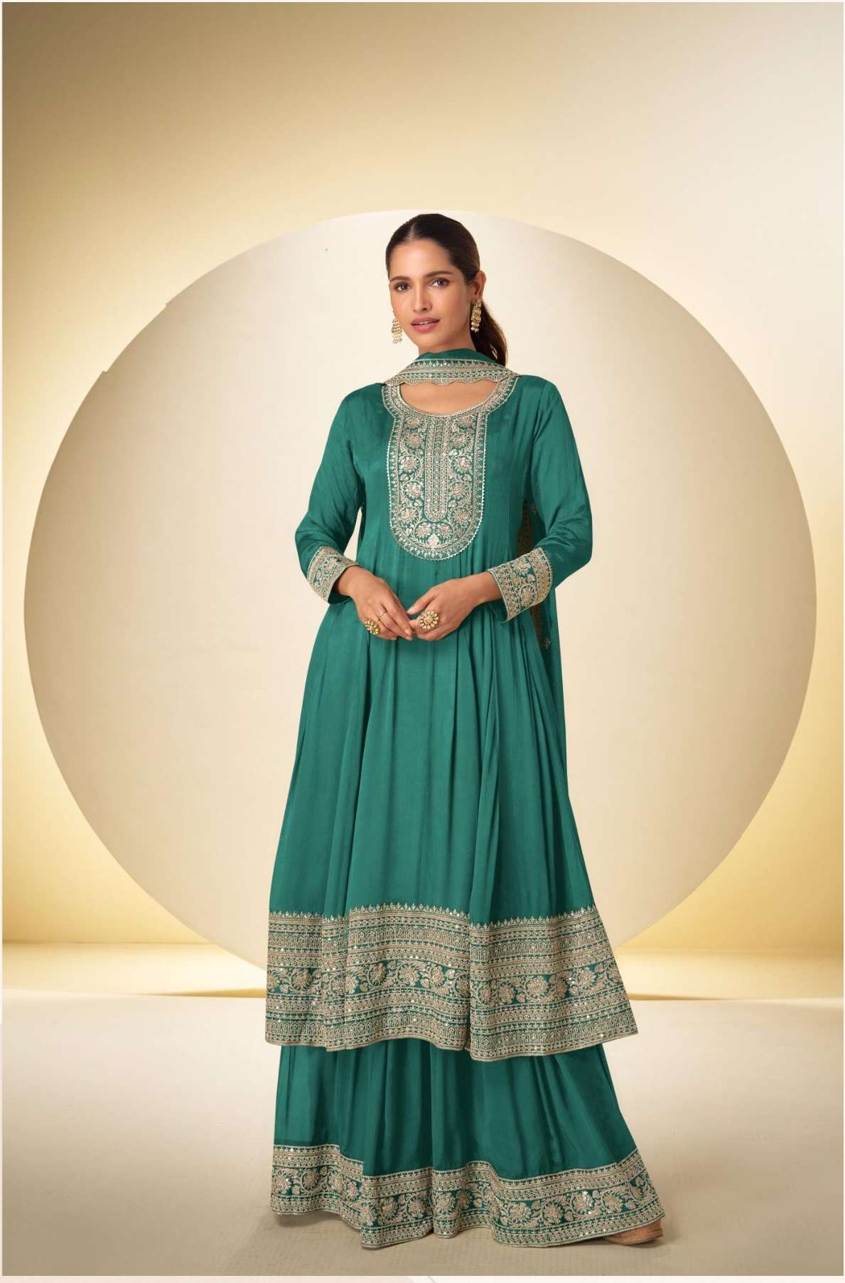 DESIGNER WEDDING PARTY WEAR REAL CHINON GREEN SHARARA PALLAZO SALWAR SUIT GL NARGIS 7569 C