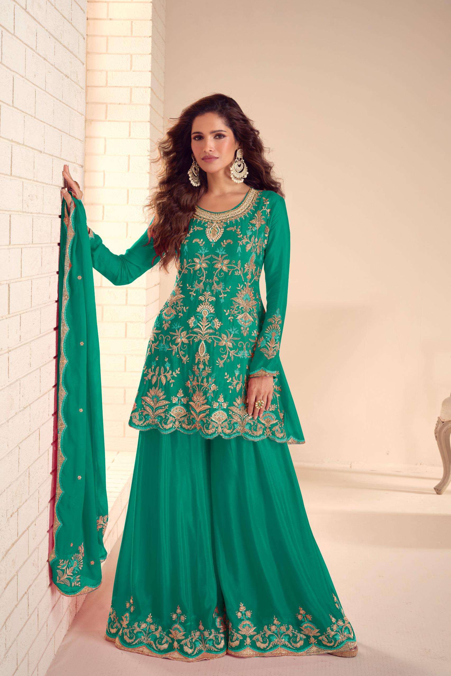 DESIGNER WEDDING PARTY WEAR REAL CHINON GREEN SHARARA PALLAZO SALWAR SUIT GL RUCHA 7649 A