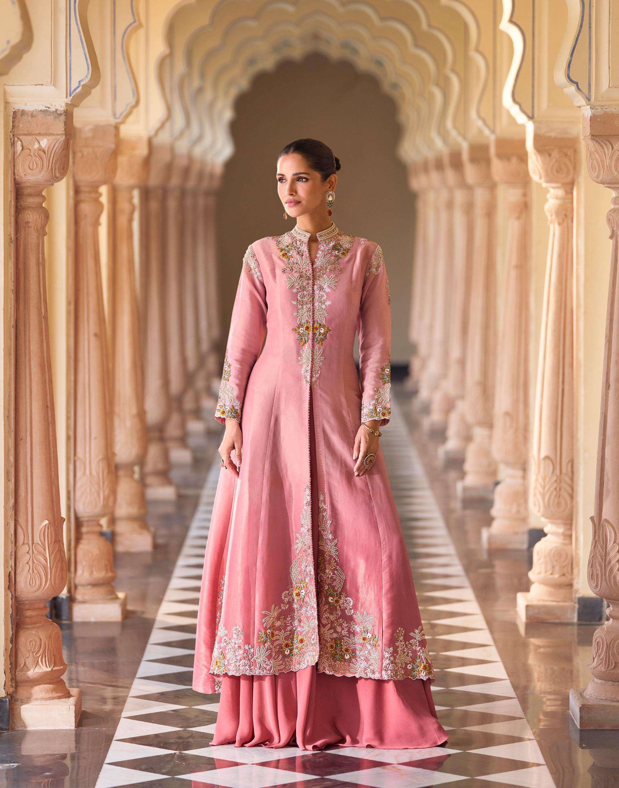DESIGNER WEDDING PARTY WEAR REAL CHINON PINK PALLAZO SALWAR SUIT SY ROSY 5866
