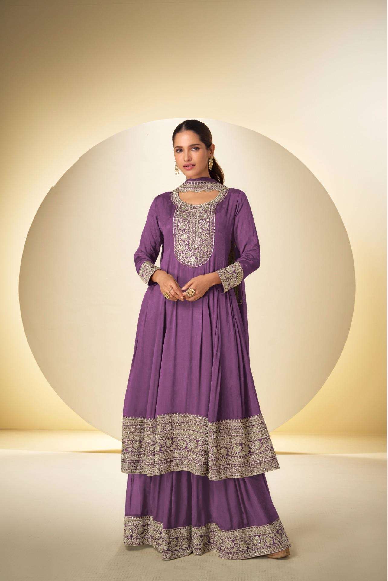 DESIGNER WEDDING PARTY WEAR REAL CHINON PURPLE SHARARA PALLAZO SALWAR SUIT GL NARGIS 7569 B