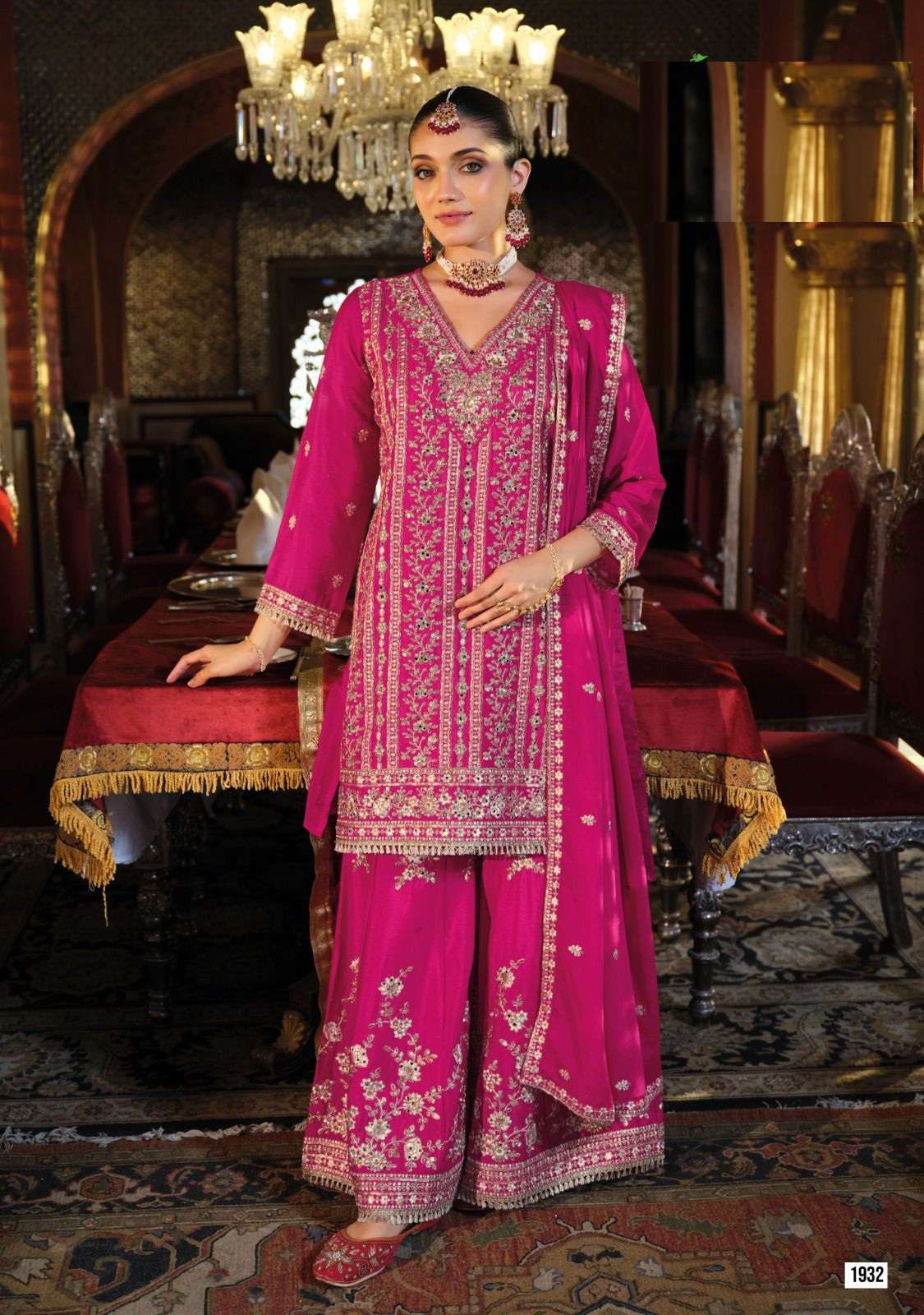 DESIGNER WEDDING PARTY WEAR REAL CHINON RANI PINK SHARARA PALLAZO SALWAR SUIT RH EBA NAYAB GOLD 1932