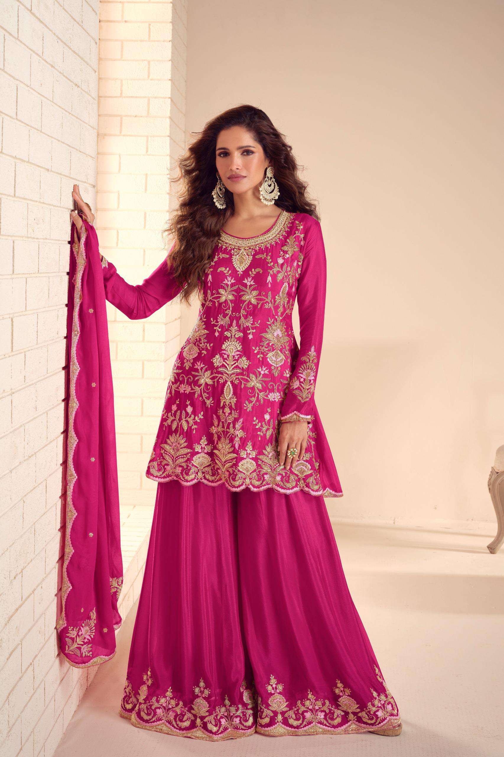DESIGNER WEDDING PARTY WEAR REAL CHINON RANI PINK SHARARA PALLAZO SALWAR SUIT GL RUCHA 7649 B