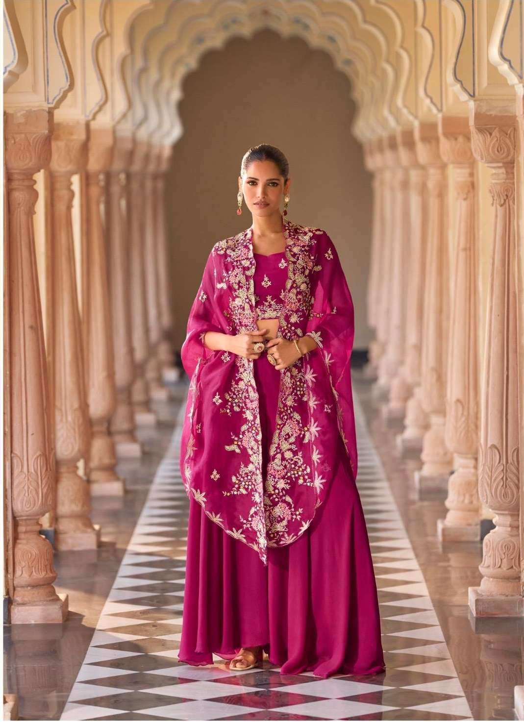 DESIGNER WEDDING PARTY WEAR REAL CHINON RANI PINK BLOUSE SHRUG PALLAZO SALWAR SUIT SY ROSY 5867