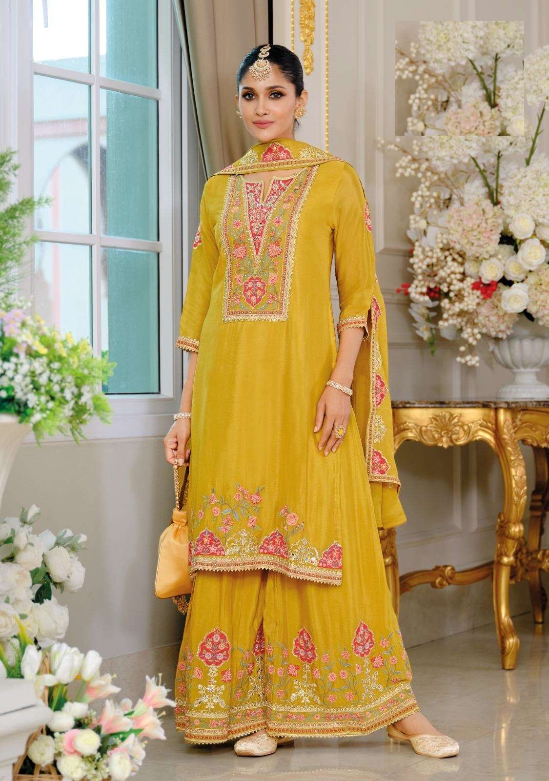 DESIGNER WEDDING PARTY WEAR REAL CHINON READYMADE YELLOW SHARARA PALLAZO SALWAR SUIT DST EBA KAYRA 1908