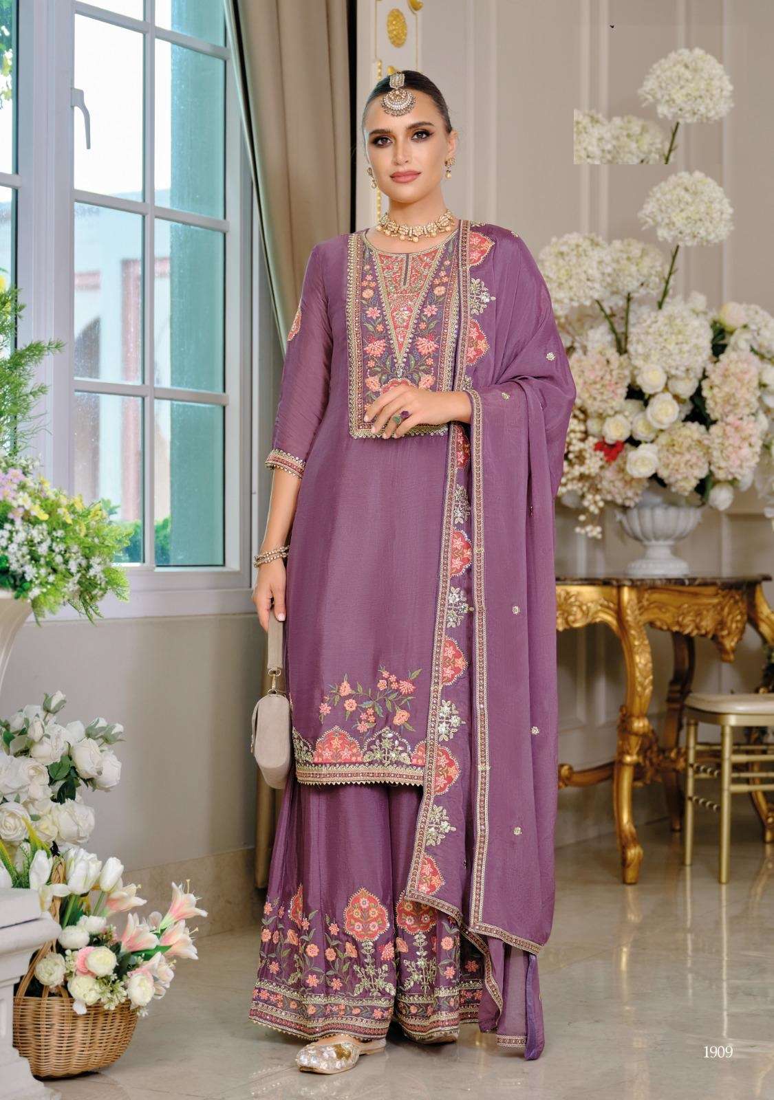 DESIGNER WEDDING PARTY WEAR REAL CHINON READYMADE PURPLE SHARARA PALLAZO SALWAR SUIT DST EBA KAYRA 1909