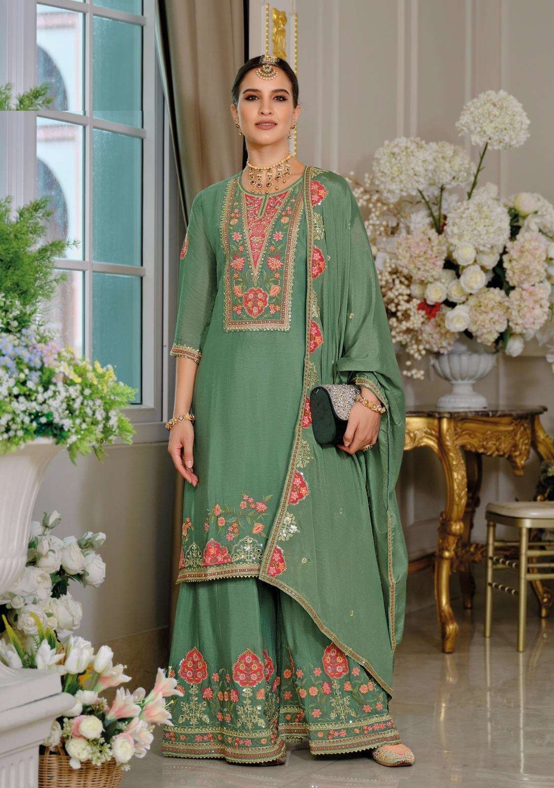 DESIGNER WEDDING PARTY WEAR REAL CHINON READYMADE GREEN SHARARA PALLAZO SALWAR SUIT DST EBA KAYRA 1910