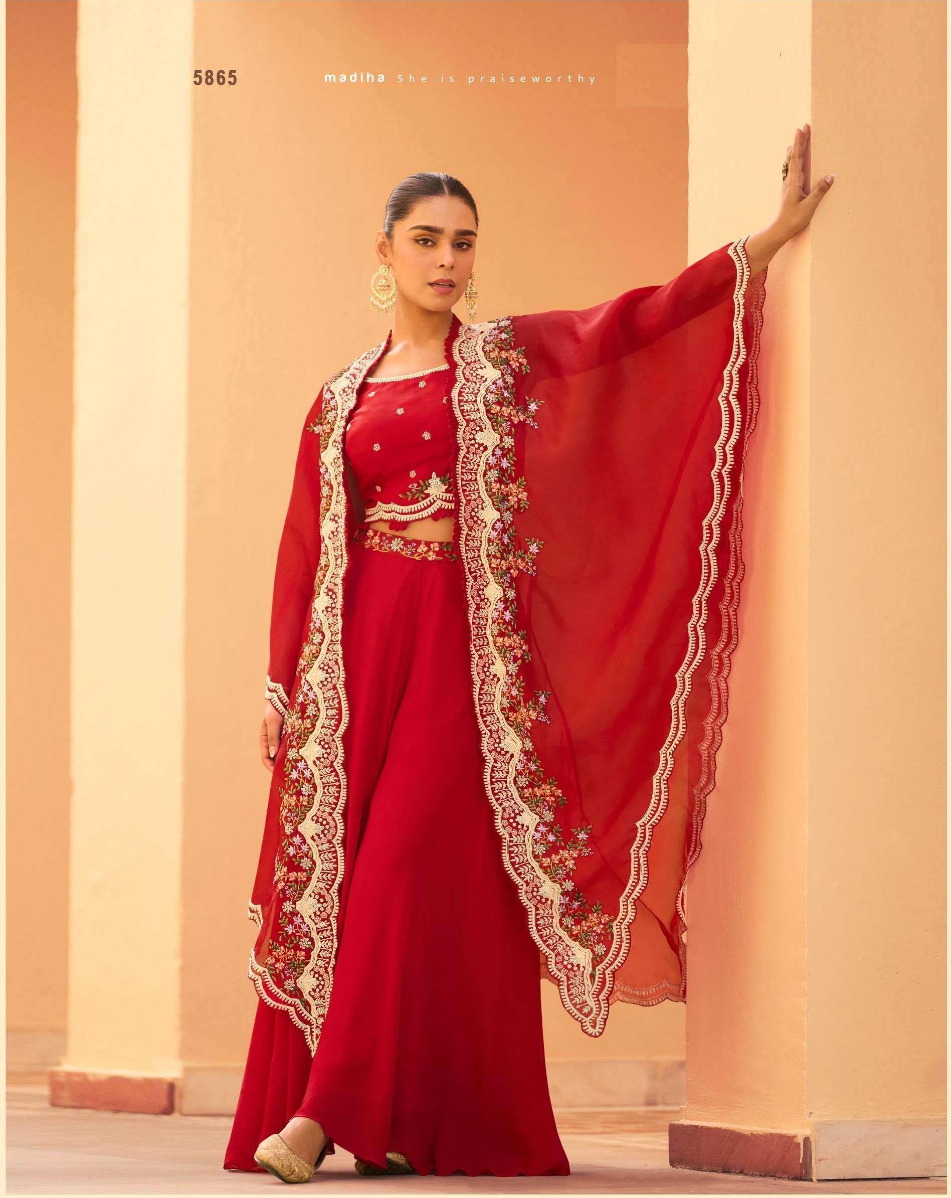 DESIGNER WEDDING PARTY WEAR REAL CHINON RED BLOUSE SHRUG PALLAZO SALWAR SUIT SY ROSY 5865