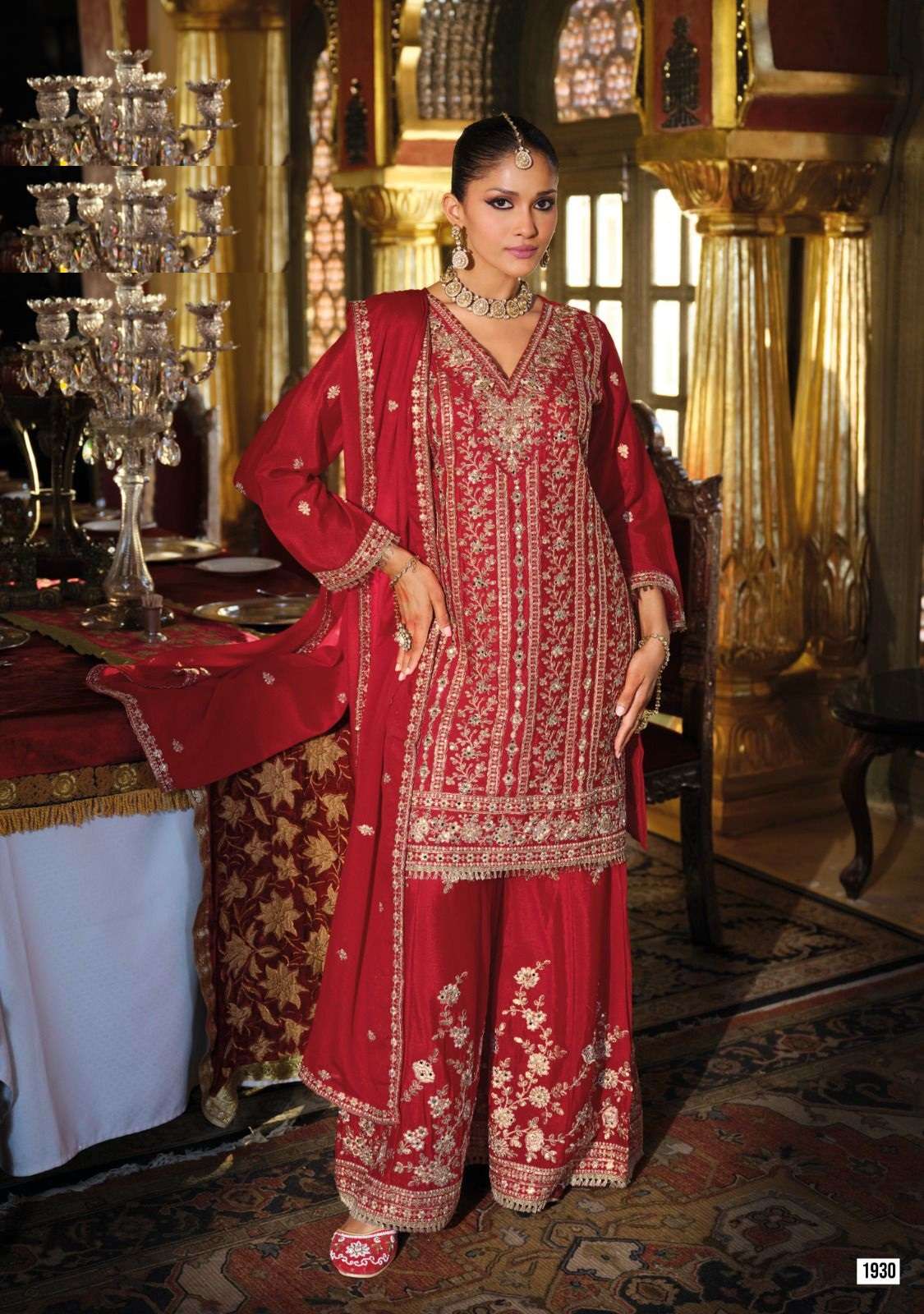 DESIGNER WEDDING PARTY WEAR REAL CHINON RED SHARARA PALLAZO SALWAR SUIT RH EBA NAYAB GOLD 1930