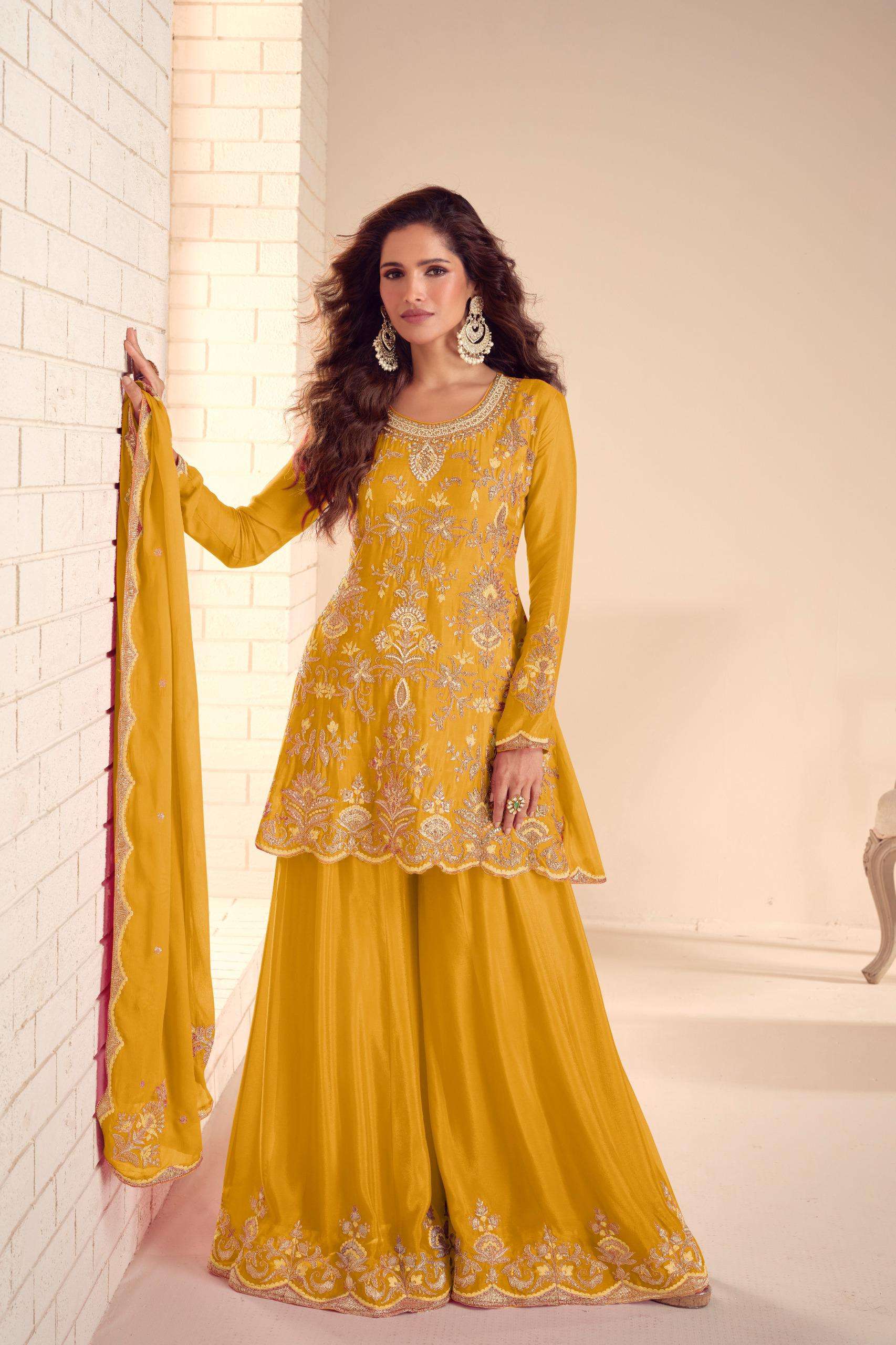 DESIGNER WEDDING PARTY WEAR REAL CHINON YELLOW SHARARA PALLAZO SALWAR SUIT GL RUCHA 7649 C