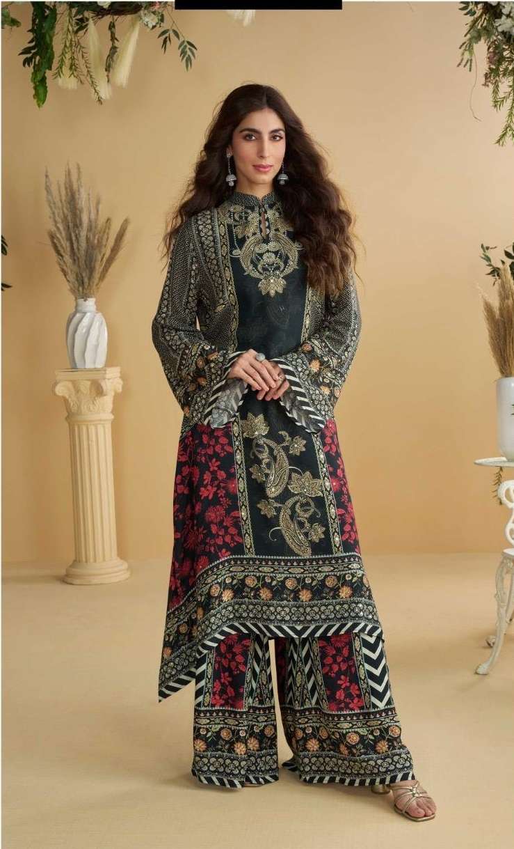 DESIGNER WEDDING PARTY WEAR REAL CREPE BLACK PAKISTANI SHARARA PALLAZO SALWAR SUIT SY ANIKA 10112