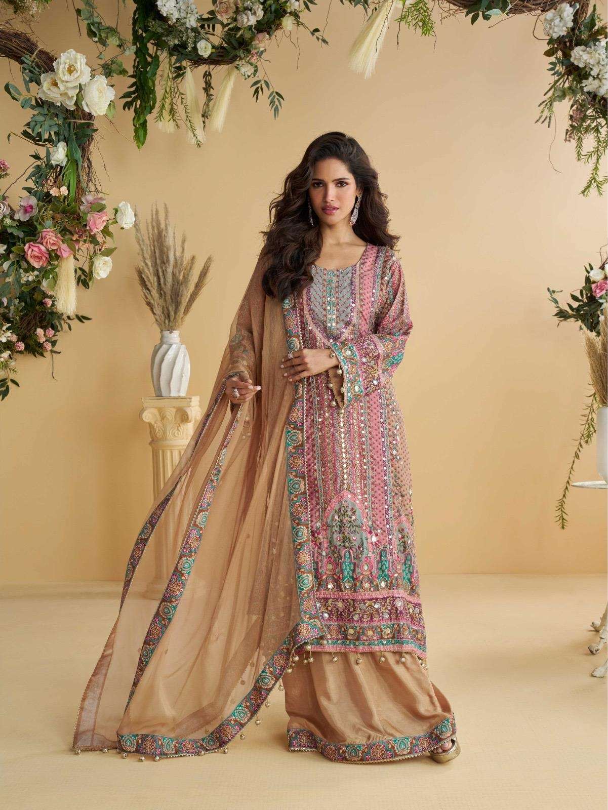 DESIGNER WEDDING PARTY WEAR REAL CREPE PINK PAKISTANI SHARARA PALLAZO SALWAR SUIT SY ANIKA 10113
