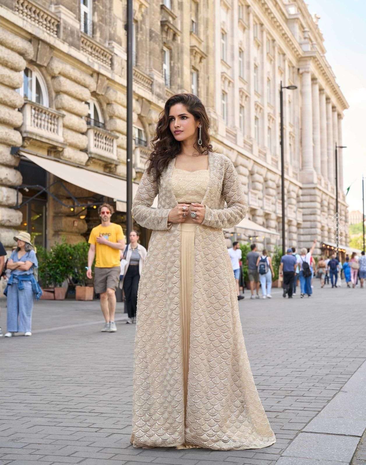 DESIGNER WEDDING PARTY WEAR REAL CREPE SILK BEIGE BLOUSE KOTI DHOTI STYLE SALWAR SUIT SY HASEENA 10134