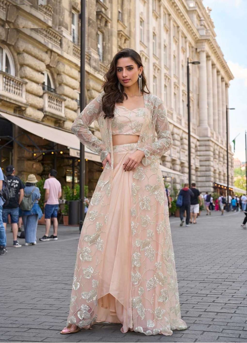 DESIGNER WEDDING PARTY WEAR REAL CREPE SILK PEACH BLOUSE KOTI DHOTI STYLE SALWAR SUIT SY HASEENA 10132