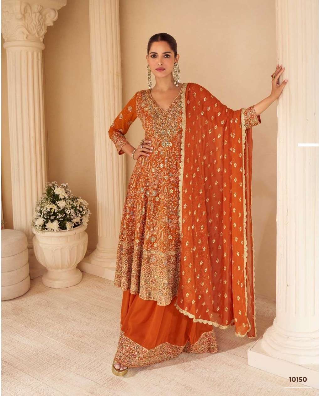 DESIGNER WEDDING PARTY WEAR REAL GEORGETTE ORANGE SHARARA PALLAZO SALWAR SUIT SY SANDHYA 10150