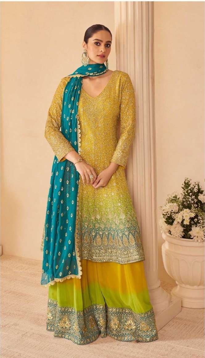 DESIGNER WEDDING PARTY WEAR REAL GEORGETTE YELLOW SHARARA PALLAZO SALWAR SUIT SY SANDHYA 10149