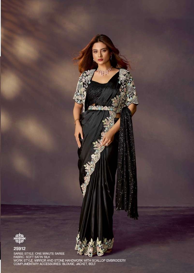 DESIGNER WEDDING PARTY WEAR SATIN SILK READYMADE BLACK SAREE WITH BEUTIFUL EMBROIDERY WORK NVN MAHOTSAV 25912