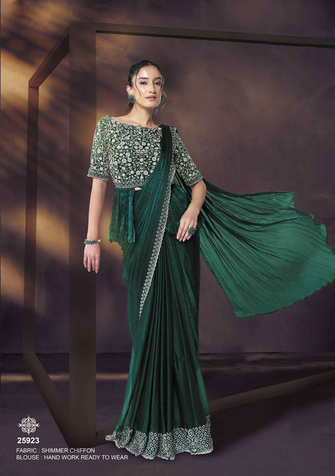 DESIGNER WEDDING PARTY WEAR SATIN SILK READYMADE GREEN SAREE WITH BEUTIFUL EMBROIDERY WORK NVN MAHOTSAV 25923