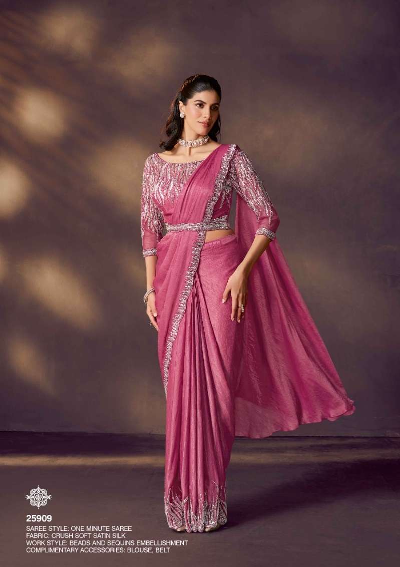 DESIGNER WEDDING PARTY WEAR SATIN SILK READYMADE PINK SAREE WITH BEUTIFUL EMBROIDERY WORK NVN MAHOTSAV 25909