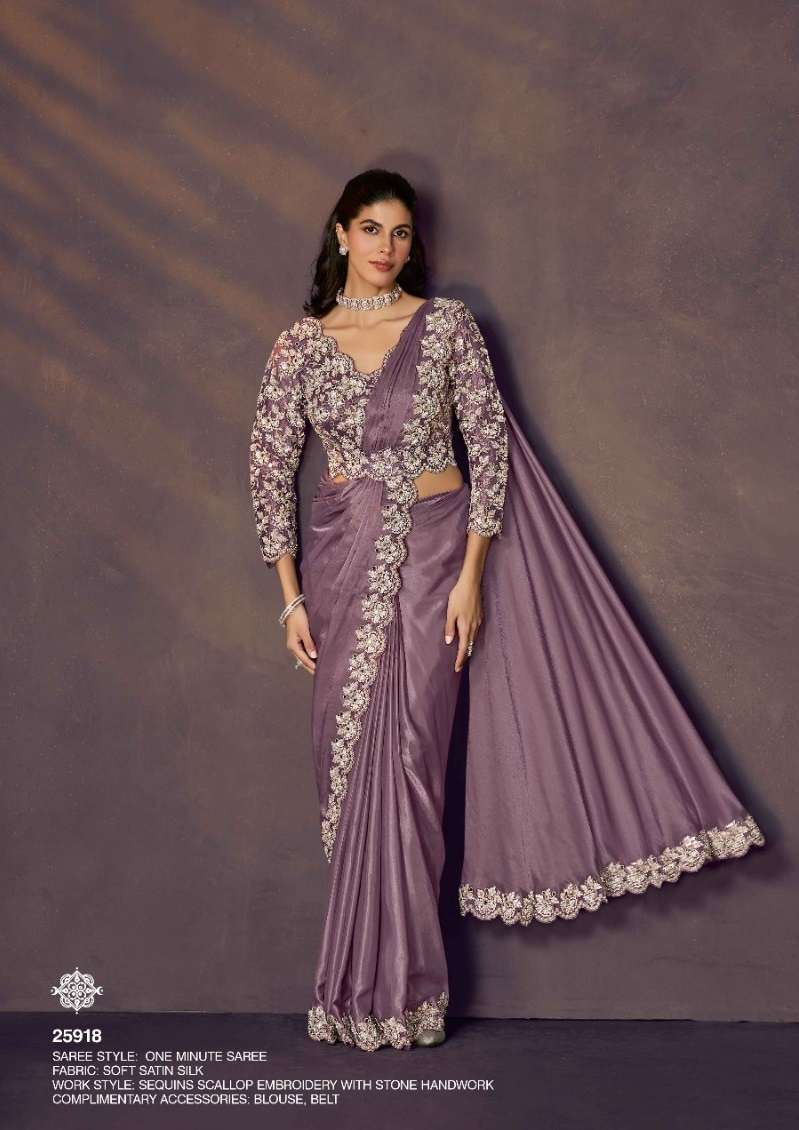 DESIGNER WEDDING PARTY WEAR SATIN SILK READYMADE PURPLE SAREE WITH BEUTIFUL EMBROIDERY WORK NVN MAHOTSAV 25918