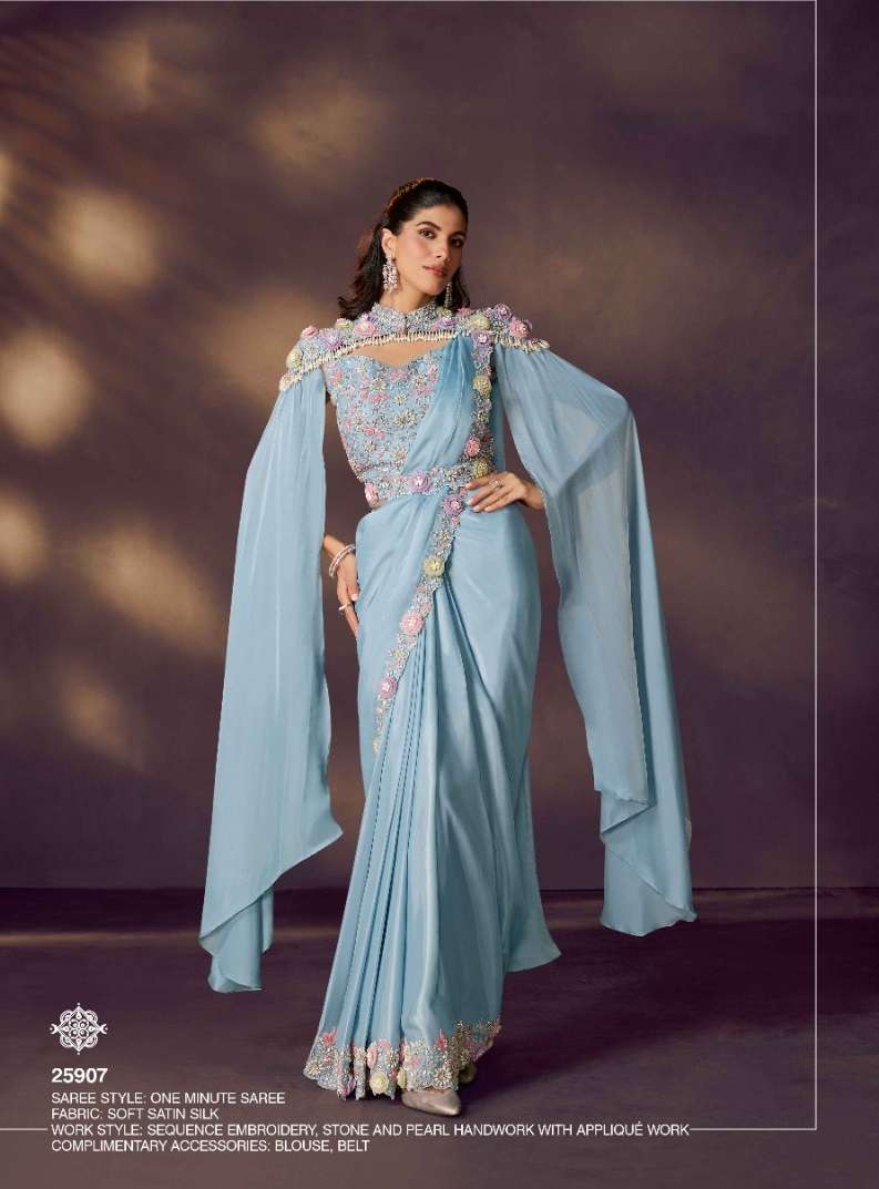 DESIGNER WEDDING PARTY WEAR SATIN SILK READYMADE SKY BLUE SAREE WITH BEUTIFUL EMBROIDERY WORK NVN MAHOTSAV 25907