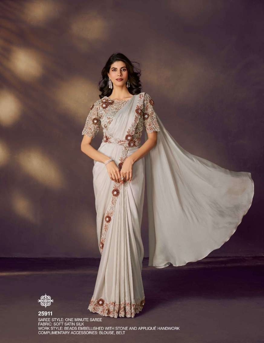 DESIGNER WEDDING PARTY WEAR SATIN SILK READYMADE WHITE SAREE WITH BEUTIFUL EMBROIDERY WORK NVN MAHOTSAV 25911