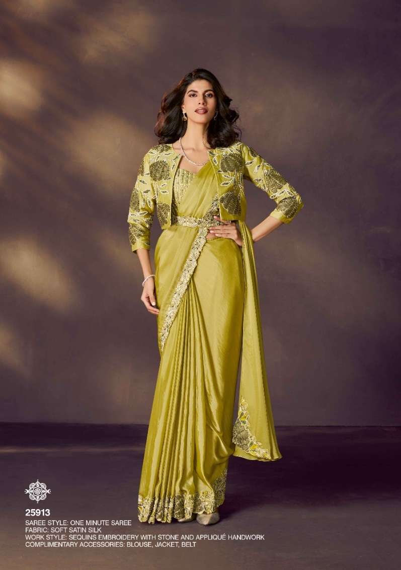 DESIGNER WEDDING PARTY WEAR SATIN SILK READYMADE YELLOW SAREE WITH BEUTIFUL EMBROIDERY WORK NVN MAHOTSAV 25913