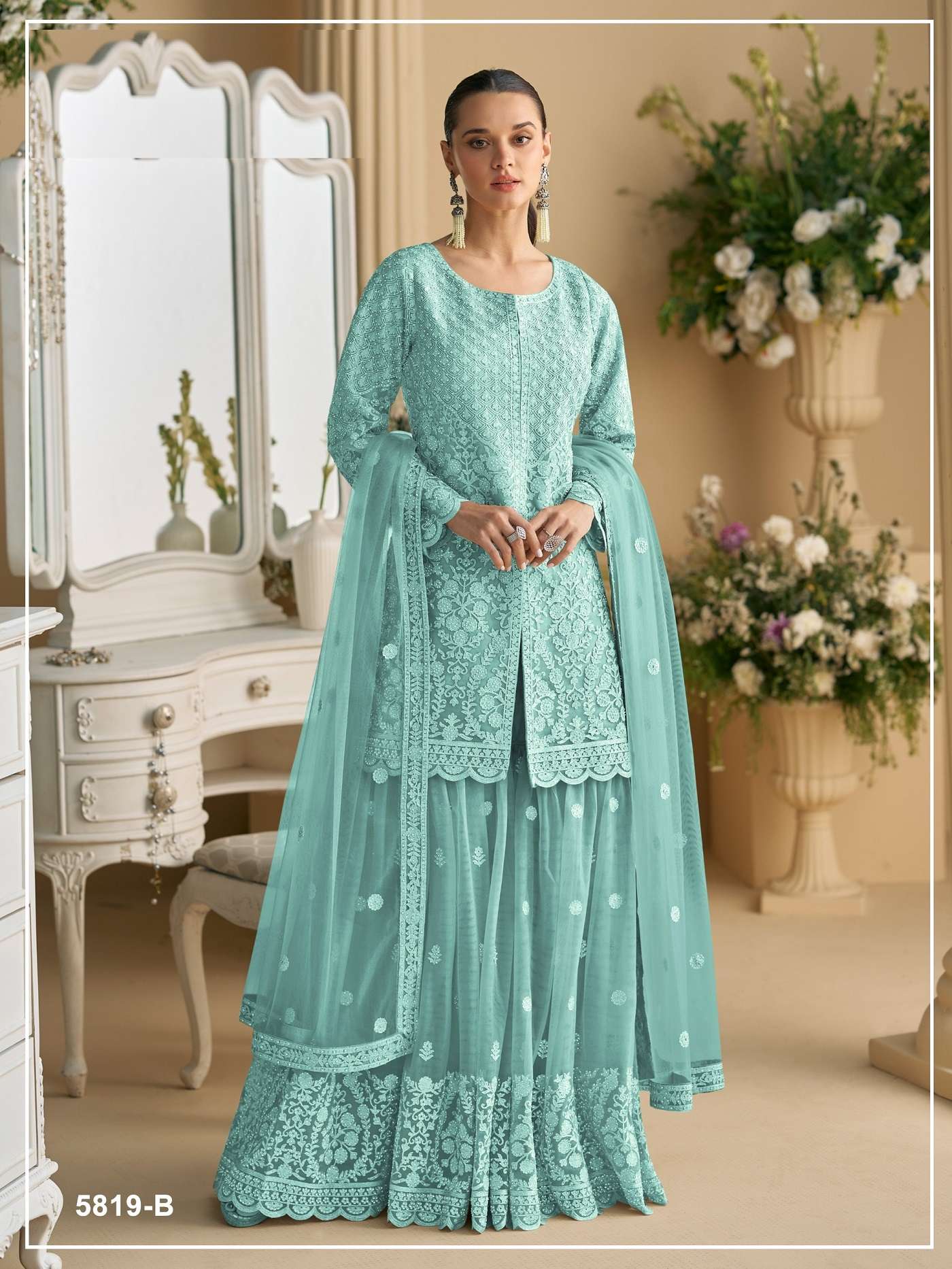 DESIGNER WEDDING PARTY WEAR SKY BLUE NET SHARARA PALLAZO SALWAR SUIT JG SANA 5819 B