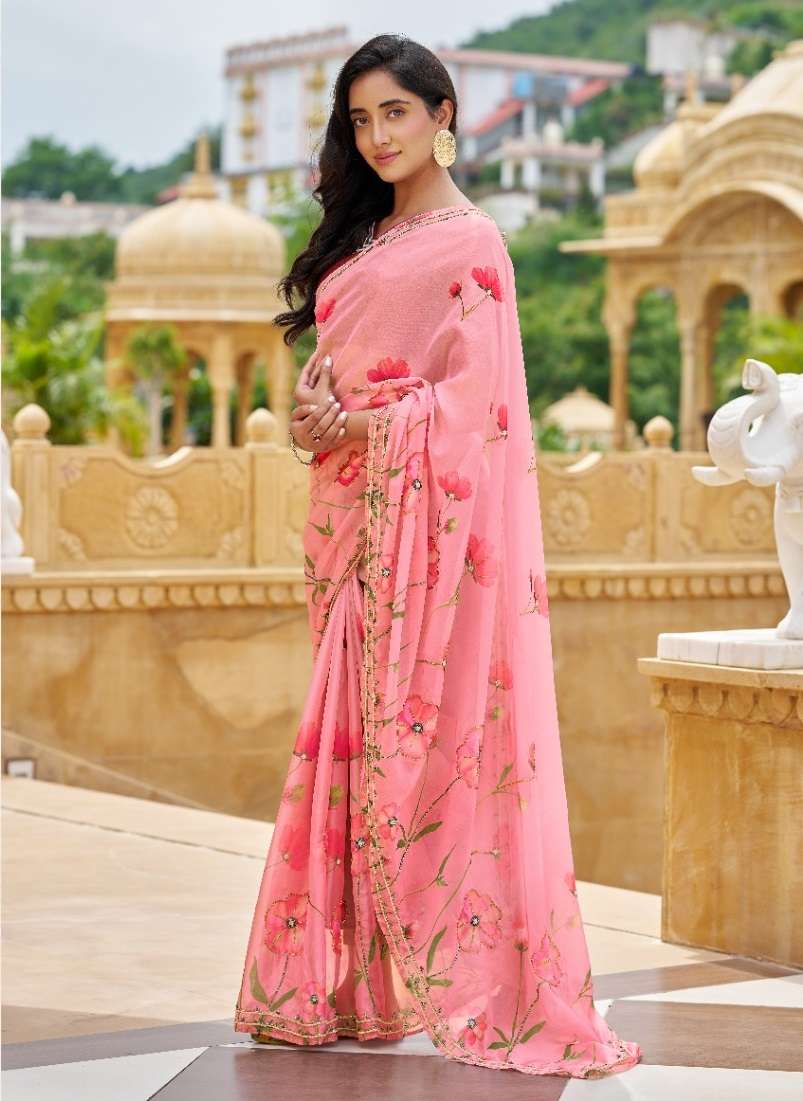 DESIGNER WEDDING PARTY WEAR TEBY SILK HAND WORK PRINTED PINK SAREE NEW COLLETION DV 1006