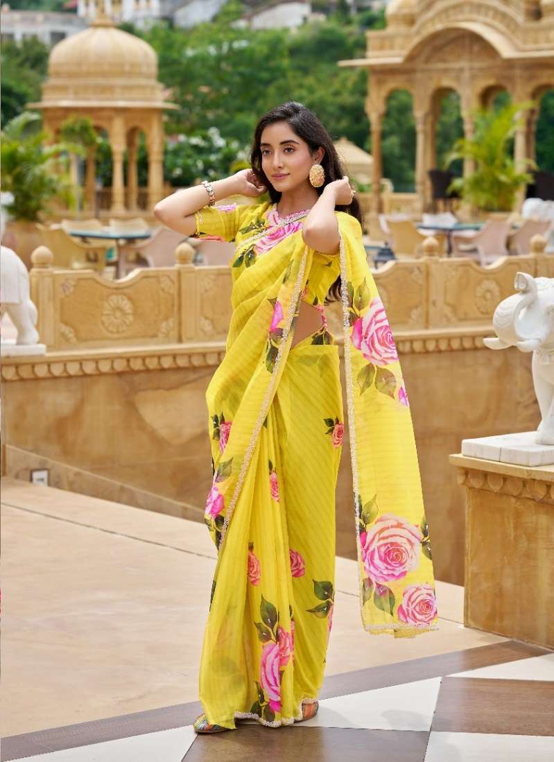 DESIGNER WEDDING PARTY WEAR TEBY SILK HAND WORK PRINTED YELLOW SAREE NEW COLLETION DV 1007