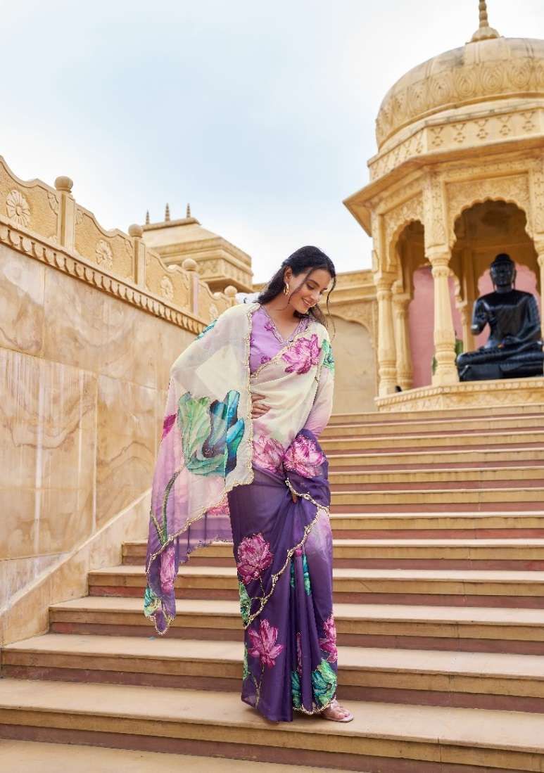 DESIGNER WEDDING PARTY WEAR TEBY SILK HAND WORK PRINTED PURPLE SAREE NEW COLLETION DV 1008