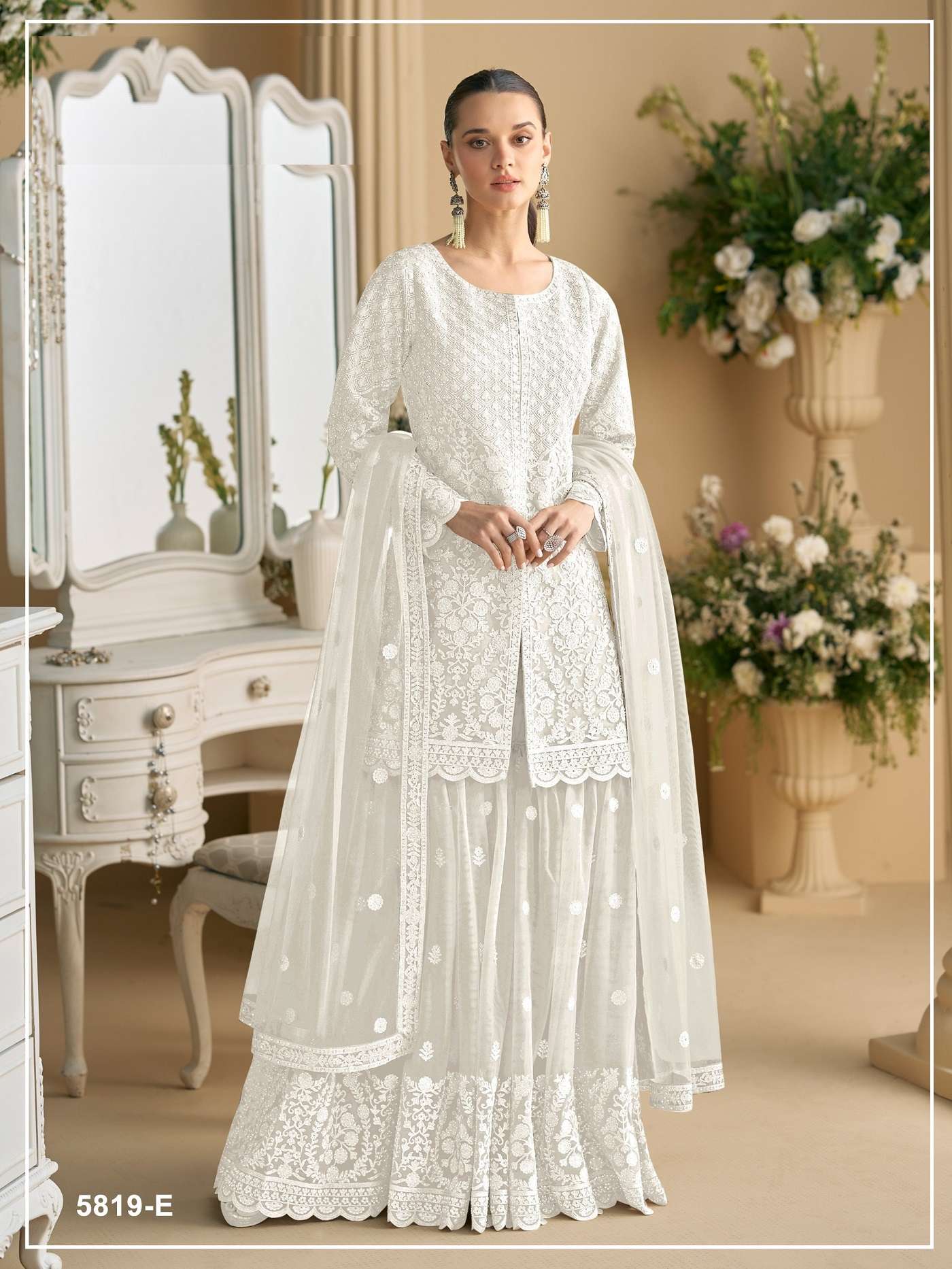 DESIGNER WEDDING PARTY WEAR WHITE NET SHARARA PALLAZO SALWAR SUIT JG SANA 5819 E