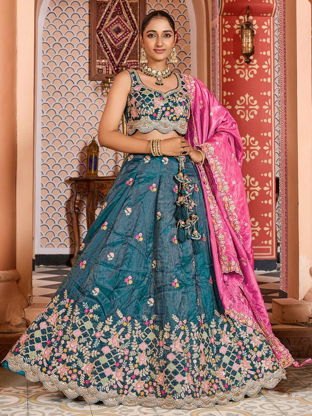 INDIAN DESIGNER BOLLYWOOD WEDDING PARTY WEAR HEAVY PREMIUM SILK TEAL GREEN LEHENGA CHOLI NT 6160 A