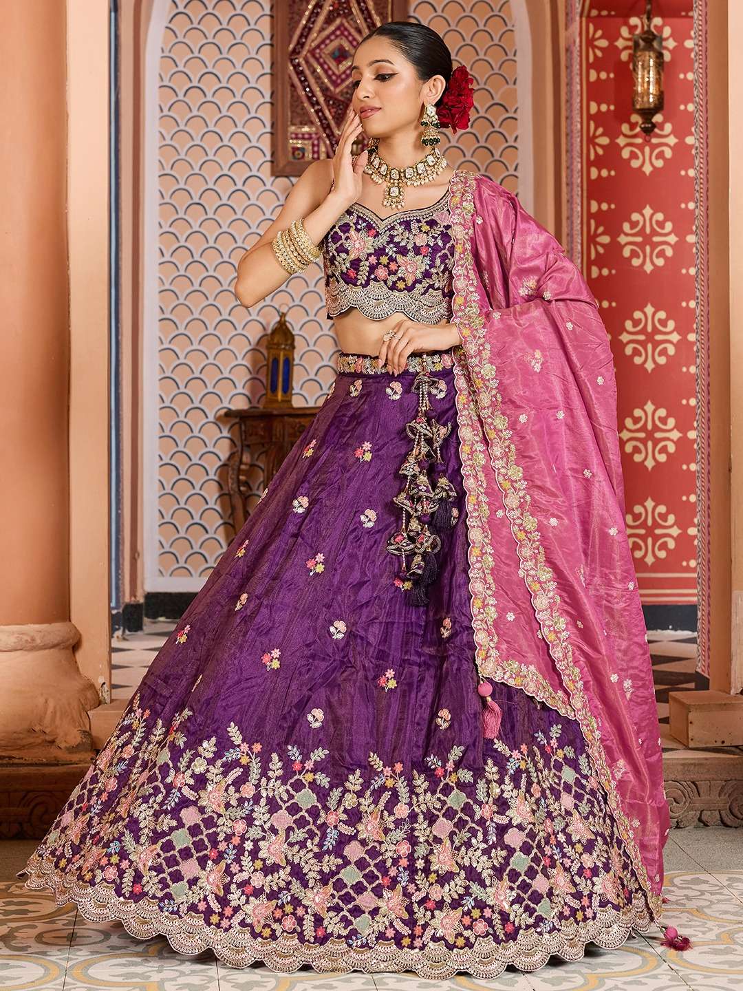 INDIAN DESIGNER BOLLYWOOD WEDDING PARTY WEAR HEAVY PREMIUM SILK PURPLE LEHENGA CHOLI NT 6160 B