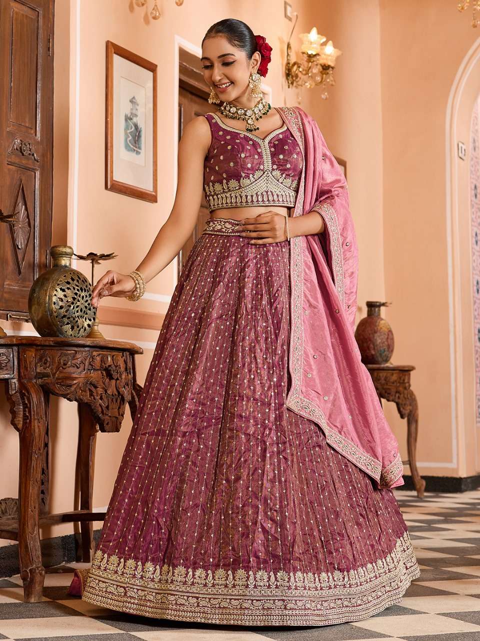 INDIAN DESIGNER BOLLYWOOD WEDDING PARTY WEAR HEAVY TISSUE SILK ROSE GOLD LEHENGA CHOLI NT 6205 A