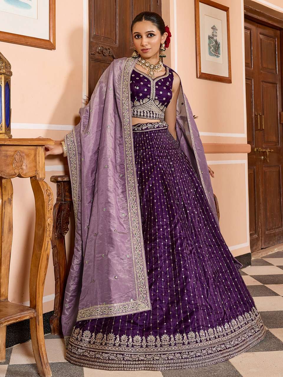 INDIAN DESIGNER BOLLYWOOD WEDDING PARTY WEAR HEAVY TISSUE SILK PURPLE LEHENGA CHOLI NT 6205 B