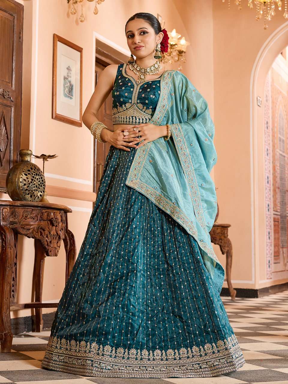 INDIAN DESIGNER BOLLYWOOD WEDDING PARTY WEAR HEAVY TISSUE SILK TEAL BLUE LEHENGA CHOLI NT 6205 C