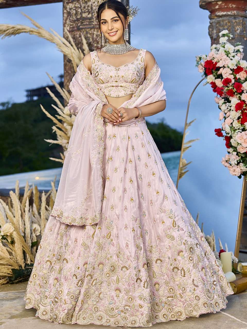 INDIAN DESIGNER BOLLYWOOD WEDDING PARTY WEAR HEAVY LIGHT PINK TISSUE SILK LEHENGA CHOLI NT 6186 B