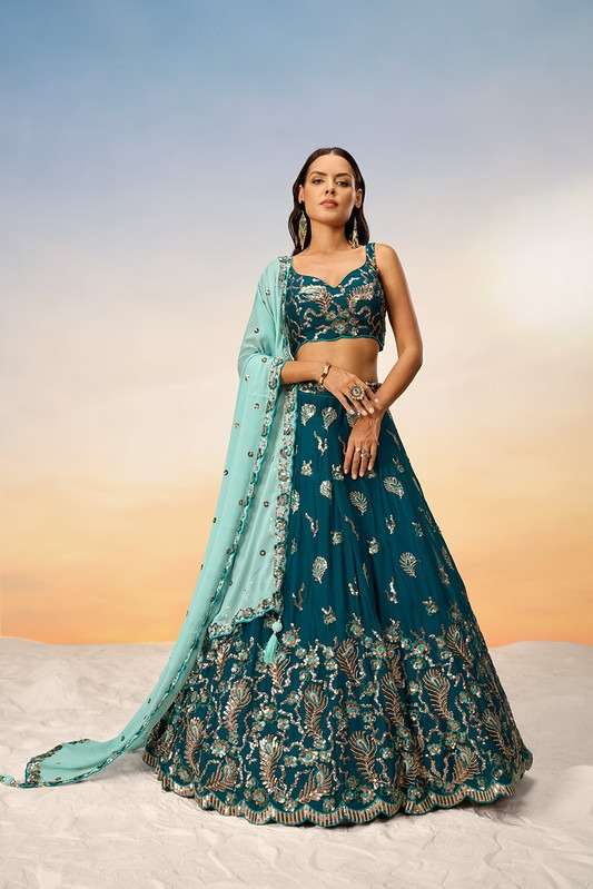 INDIAN DESIGNER BOLLYWOOD WEDDING PARTY WEAR HEAVY PURE GEORGETET TEAL BLUE LEHENGA CHOLI NT 6006 B