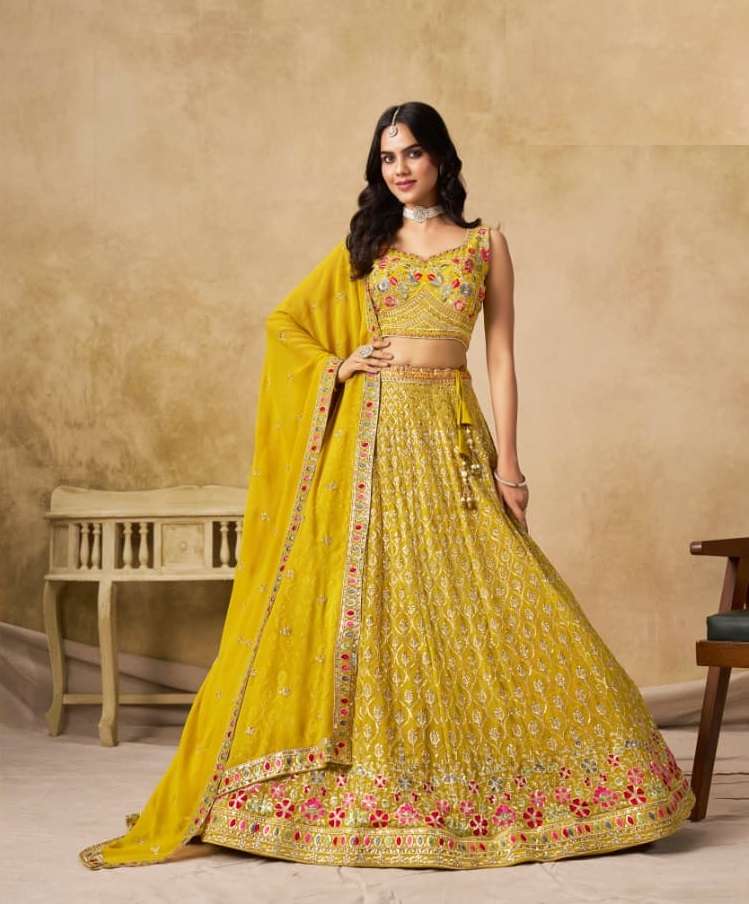 INDIAN DESIGNER BOLLYWOOD WEDDING PARTY WEAR YELLOW GEORGETTE LEHENGA CHOLI ZC 5134 C