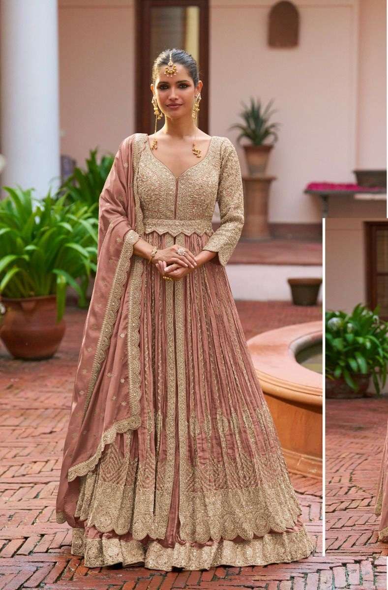 INDIAN DESIGNER FANCY WEDDING PARTY WEAR CHINON SILK PEACH ANARKALI GOWN SALWAR SUIT GL MEENAT 7625 B